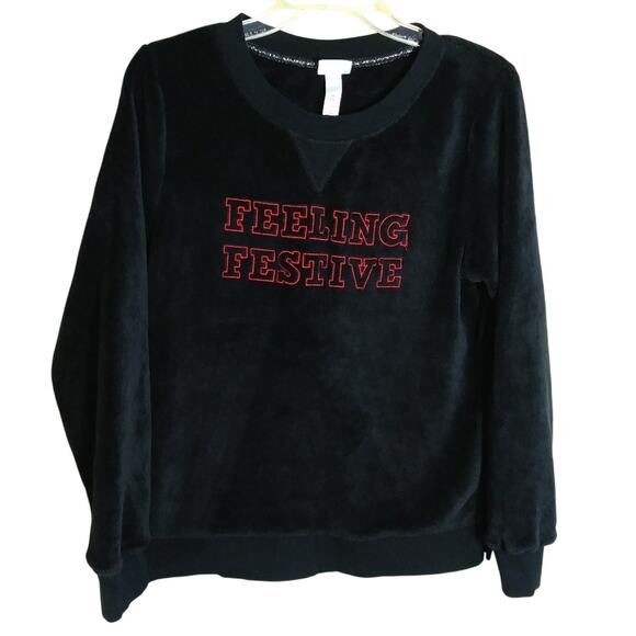 Wondershop at Target Feeling Festive black Pajama Top Fuzzy Long Sleeve Crewneck - Picture 1 of 6